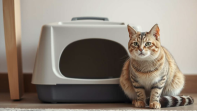 cat sitting in front of cat basket